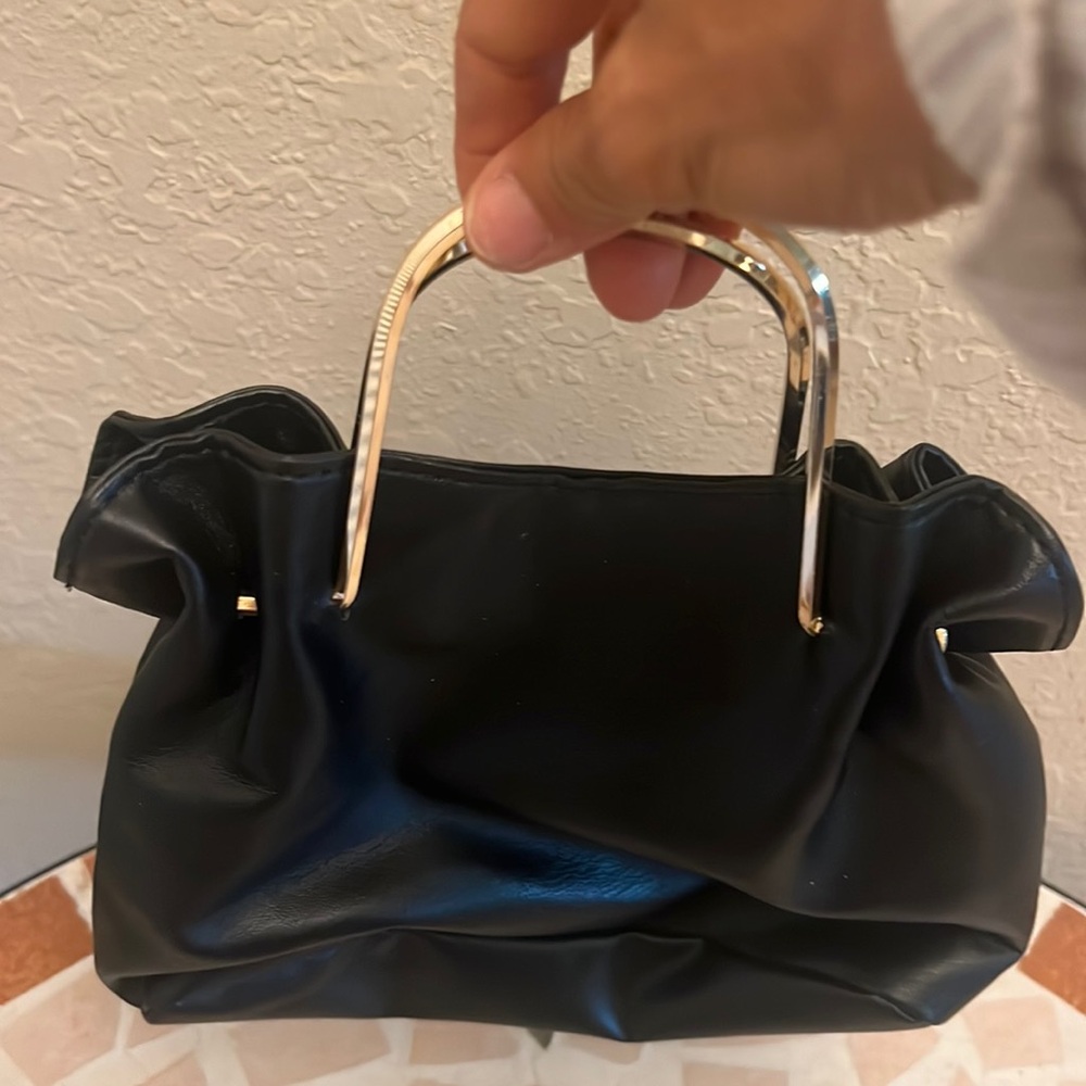 Mini black bag for special occasion leather feeling handles all gold and metal